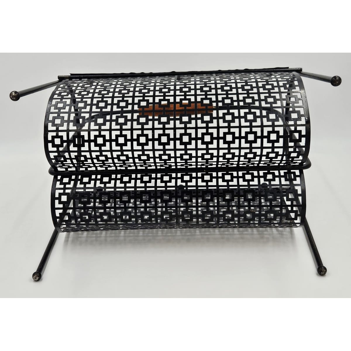 MCM Magazine Rack Magazine Rack Fabulous 1950s Mod Patterned Black Steel Double Magazine LP Record Holder