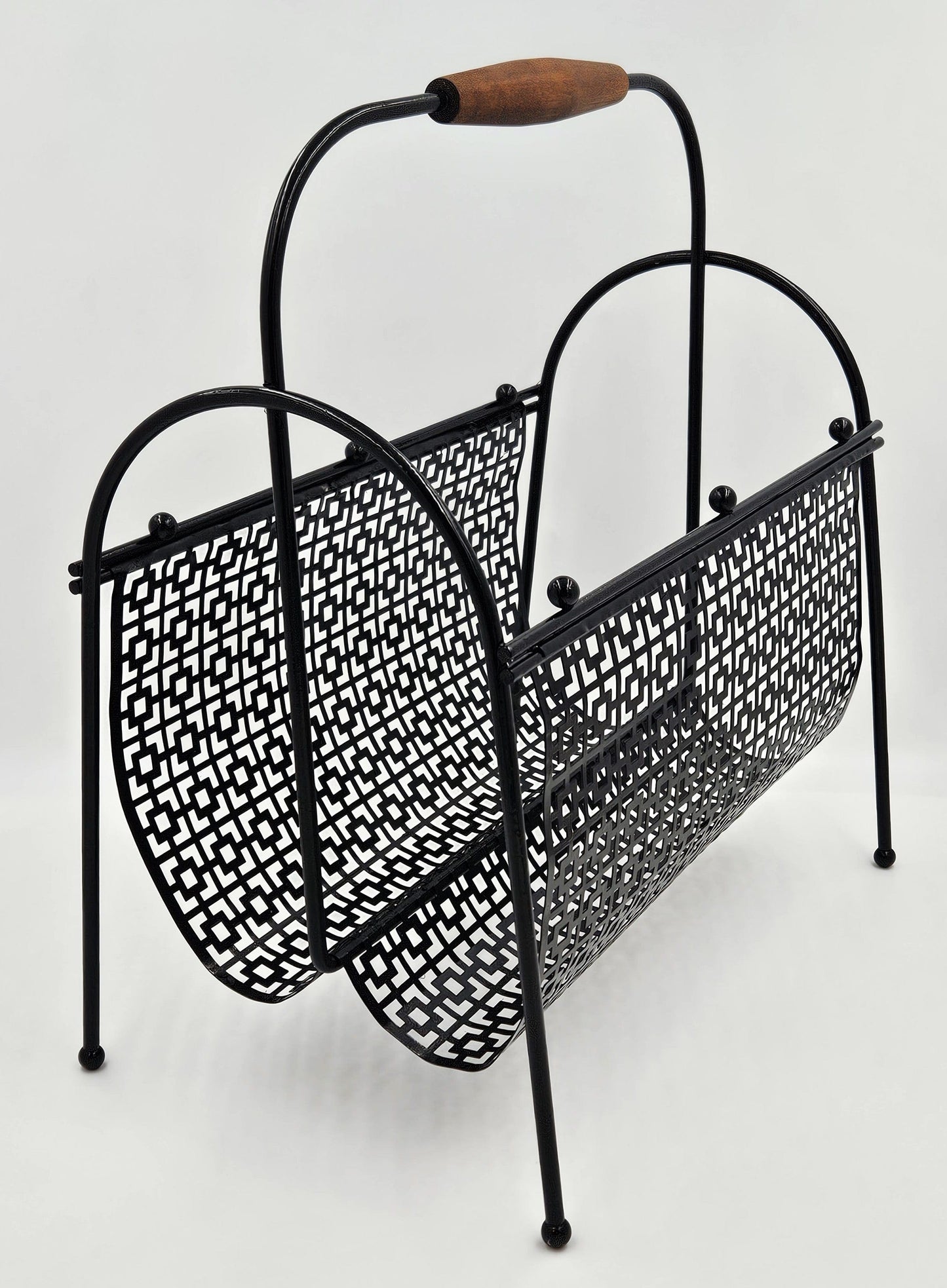 MCM Magazine Rack Magazine Rack Fabulous 1950s Mod Patterned Black Steel Double Magazine LP Record Holder