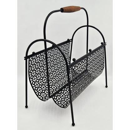 MCM Magazine Rack Magazine Rack Fabulous 1950s Mod Patterned Black Steel Double Magazine LP Record Holder