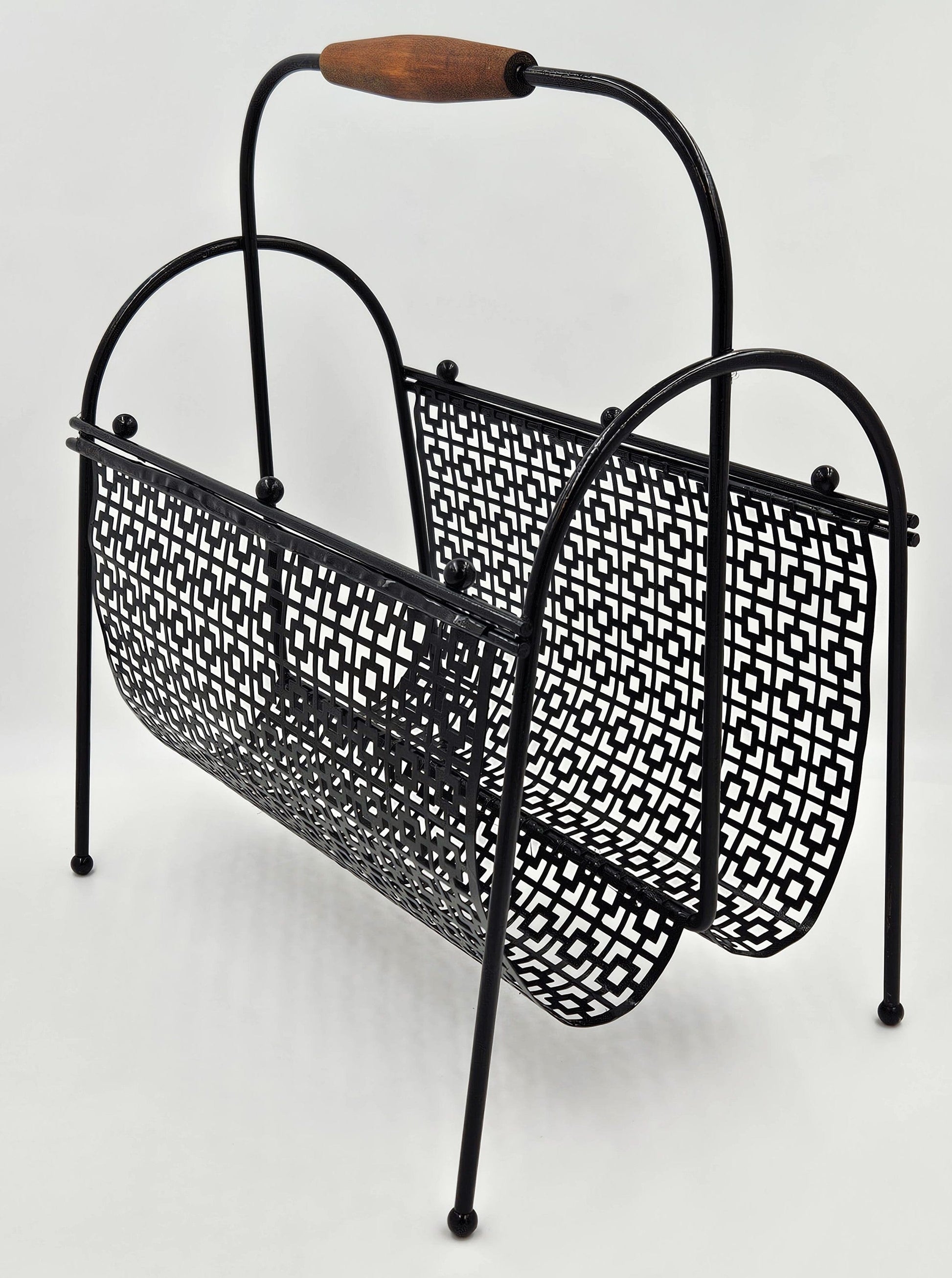 MCM Magazine Rack Magazine Rack Fabulous 1950s Mod Patterned Black Steel Double Magazine LP Record Holder