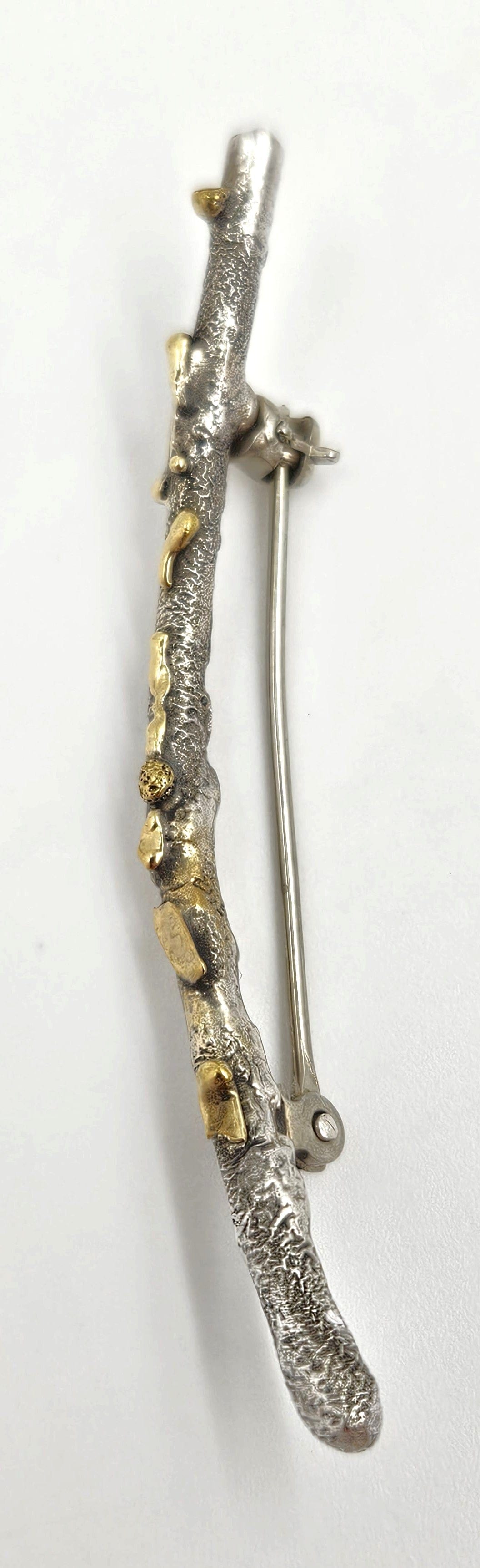 MCM Sterling Artisan Brooch Jewelry Artisan Signed Sterling w/ 24k Gold Accents Modernist Twig Branch Leaves Brooch