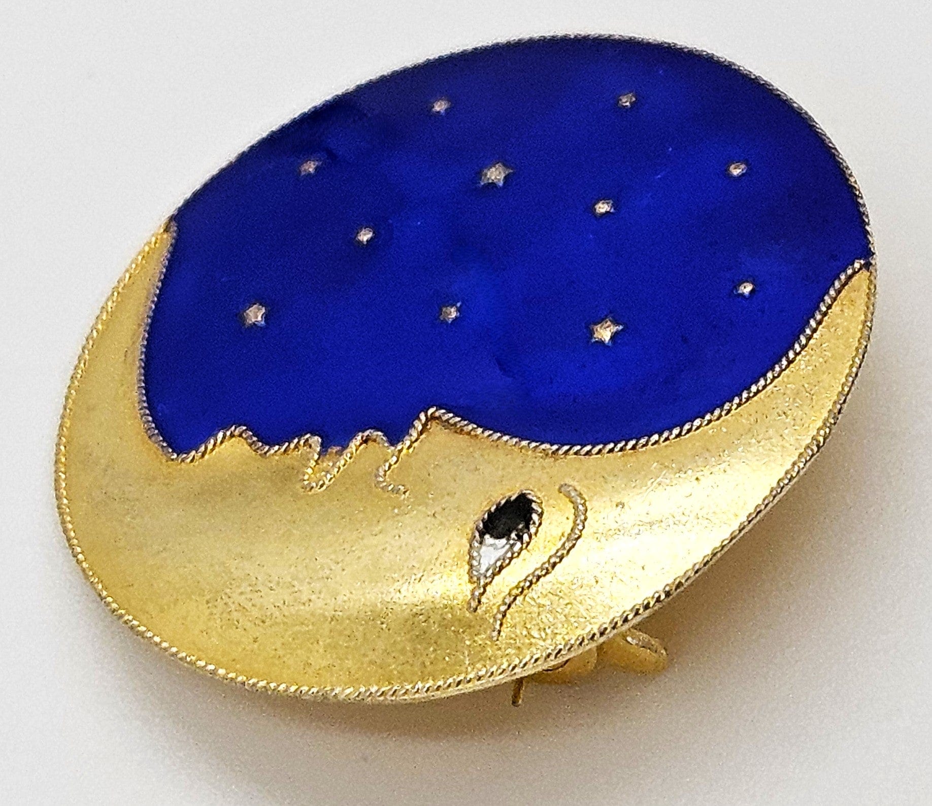 MCM Sterling Artisan Brooch Jewelry Exceptional MCM Gilt Sterling Silver & Guilloche Enamel Moon + Stars Brooch