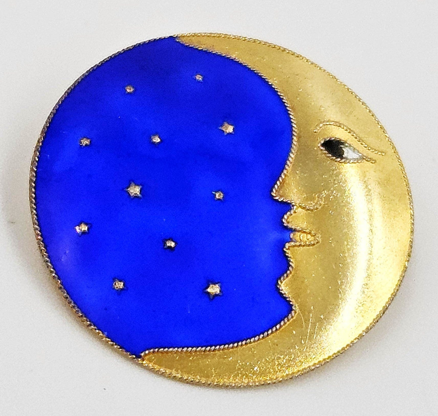 MCM Sterling Artisan Brooch Jewelry Exceptional MCM Gilt Sterling Silver & Guilloche Enamel Moon + Stars Brooch