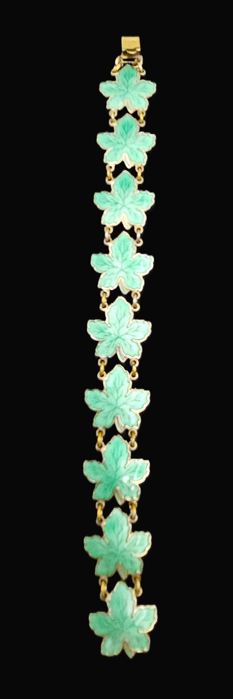 Meka Jewelry Meka Denmark Sterling + Green Enamel Maple Leaves Bracelet 1950s
