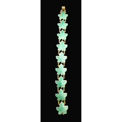 Meka Jewelry Meka Denmark Sterling + Green Enamel Maple Leaves Bracelet 1950s