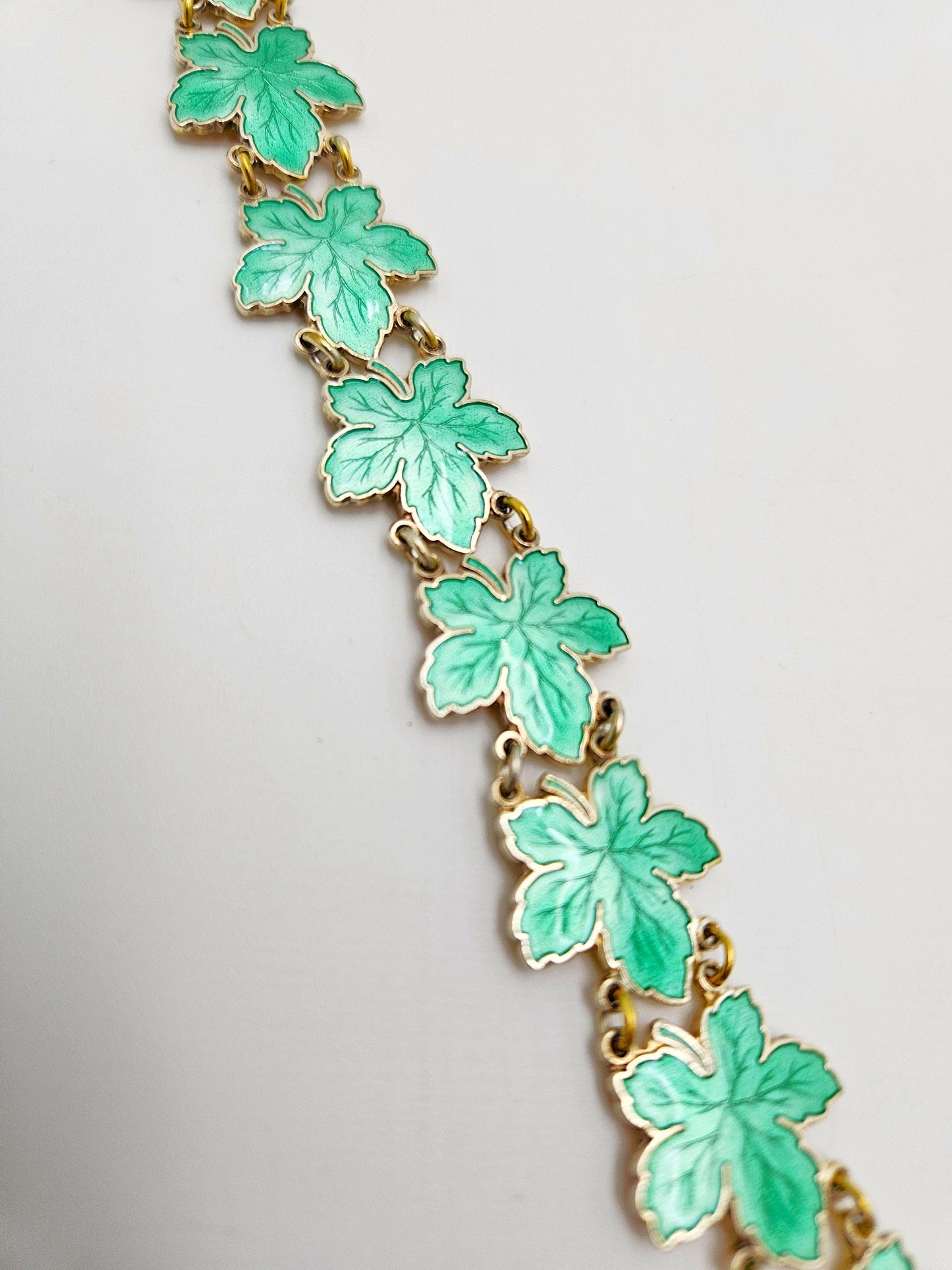 Meka Jewelry Meka Denmark Sterling + Green Enamel Maple Leaves Bracelet 1950s