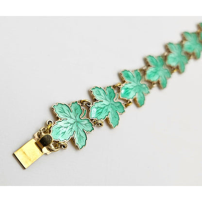 Meka Jewelry Meka Denmark Sterling + Green Enamel Maple Leaves Bracelet 1950s