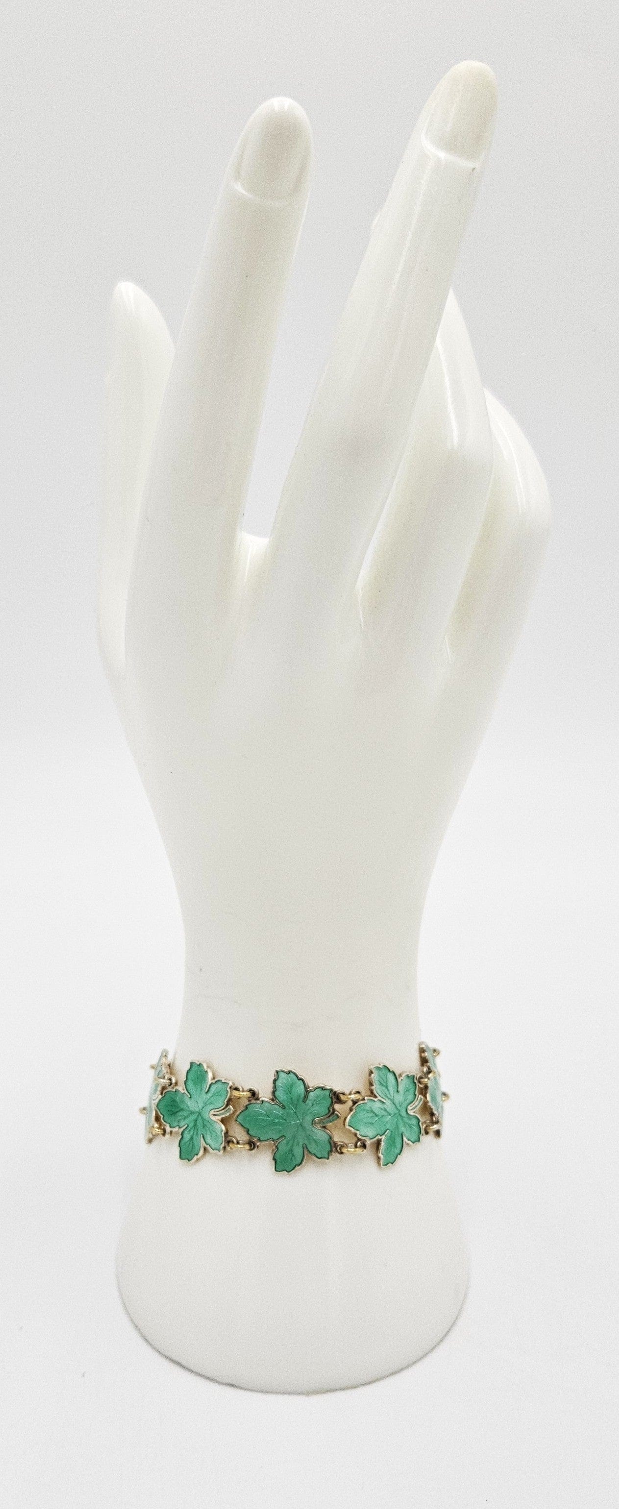 Meka Jewelry Meka Denmark Sterling + Green Enamel Maple Leaves Bracelet 1950s
