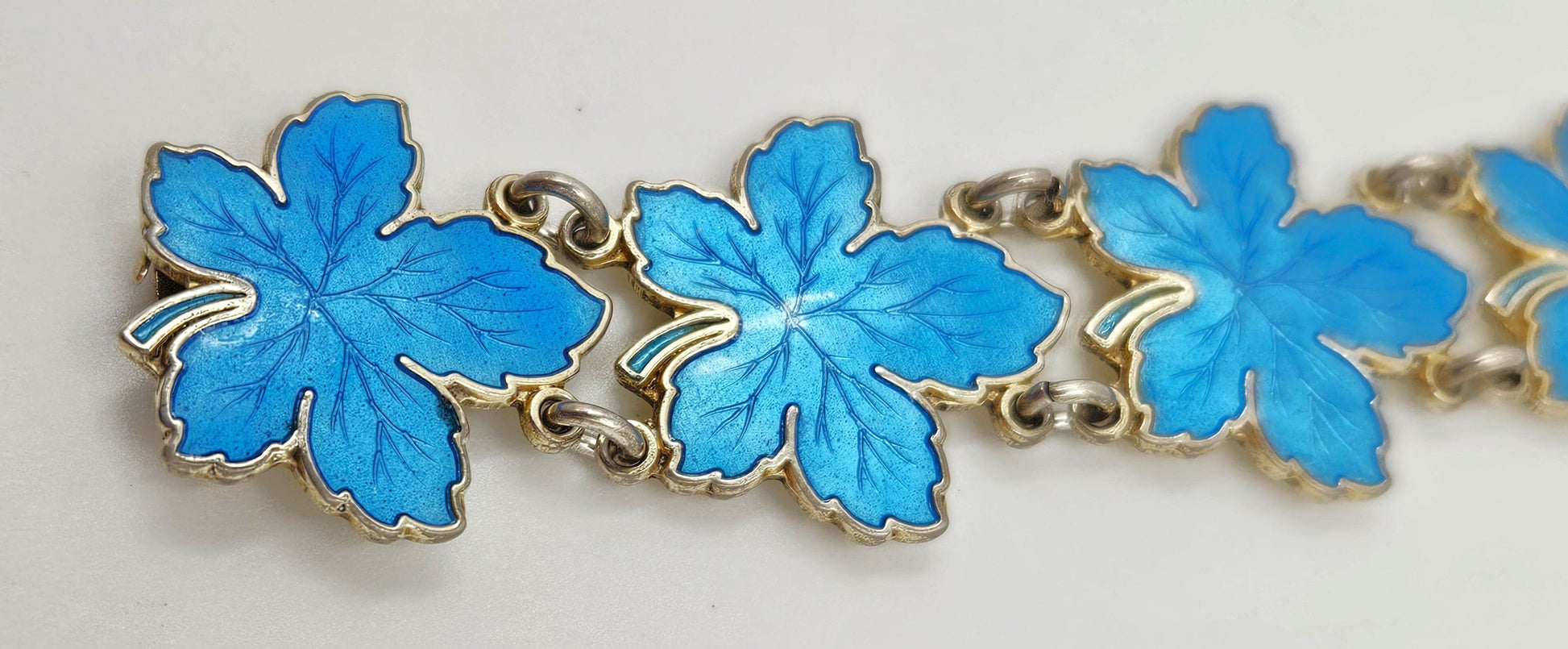 Meka Jewelry Meka Denmark Sterling + Turquoise Blue Enamel Maple Leaves Bracelet 1950s