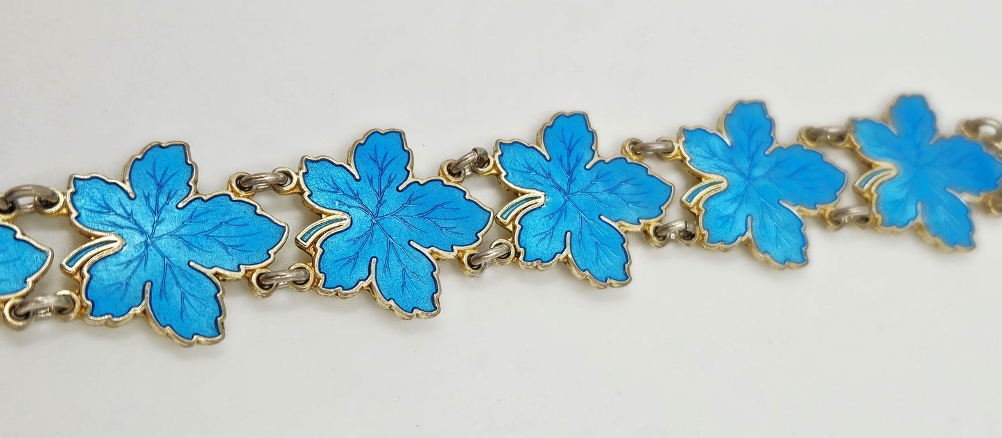 Meka Jewelry Meka Denmark Sterling + Turquoise Blue Enamel Maple Leaves Bracelet 1950s