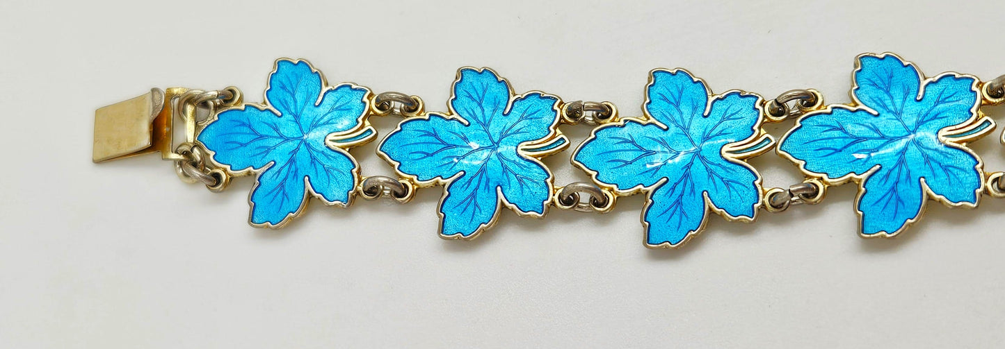 Meka Jewelry Meka Denmark Sterling + Turquoise Blue Enamel Maple Leaves Bracelet 1950s