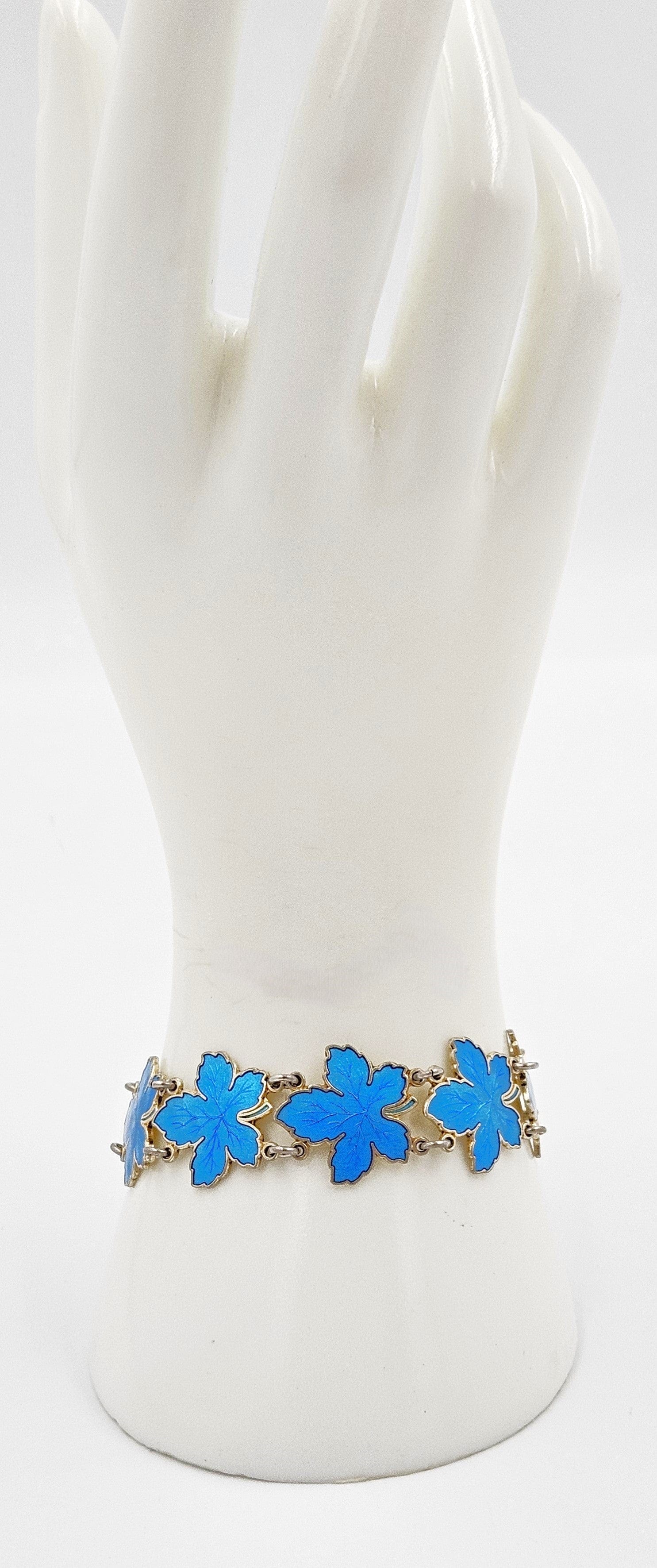 Meka Jewelry Meka Denmark Sterling + Turquoise Blue Enamel Maple Leaves Bracelet 1950s