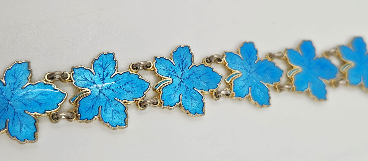 Meka Jewelry Meka Denmark Sterling + Turquoise Blue Enamel Maple Leaves Bracelet 1950s