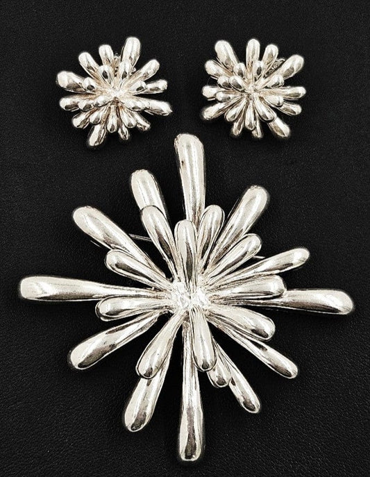 MFA Jewelry MFA Modernist Sterling Starburst Flower Brooch Earrings Set