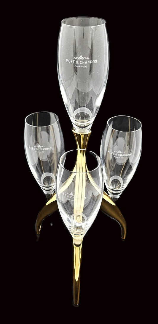 Moet Chandon Barware Rare Moët Chandon Philippe Di Meo Crystal Flutes Candelabra Stand Set 1990s