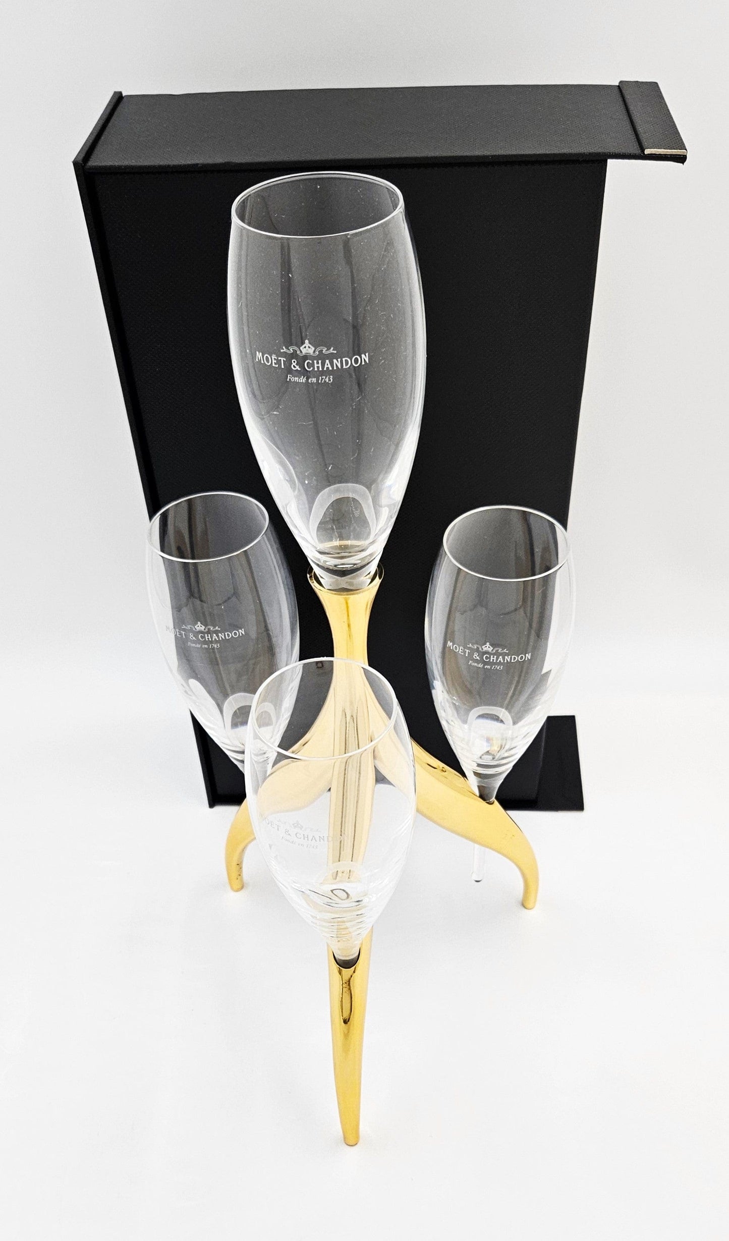 Moet Chandon Barware Rare Moët Chandon Philippe Di Meo Crystal Flutes Candelabra Stand Set 1990s