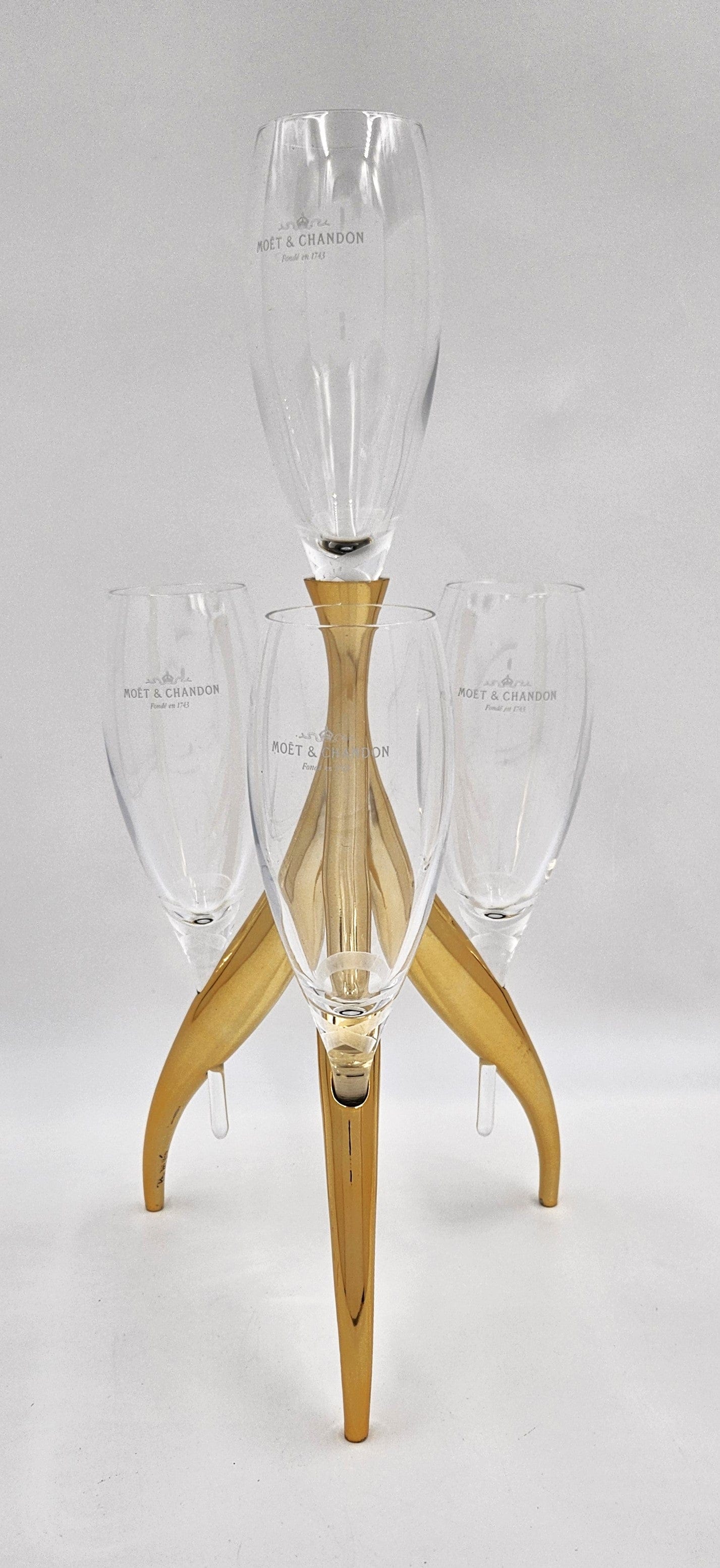 Moet Chandon Barware Rare Moët Chandon Philippe Di Meo Crystal Flutes Candelabra Stand Set 1990s