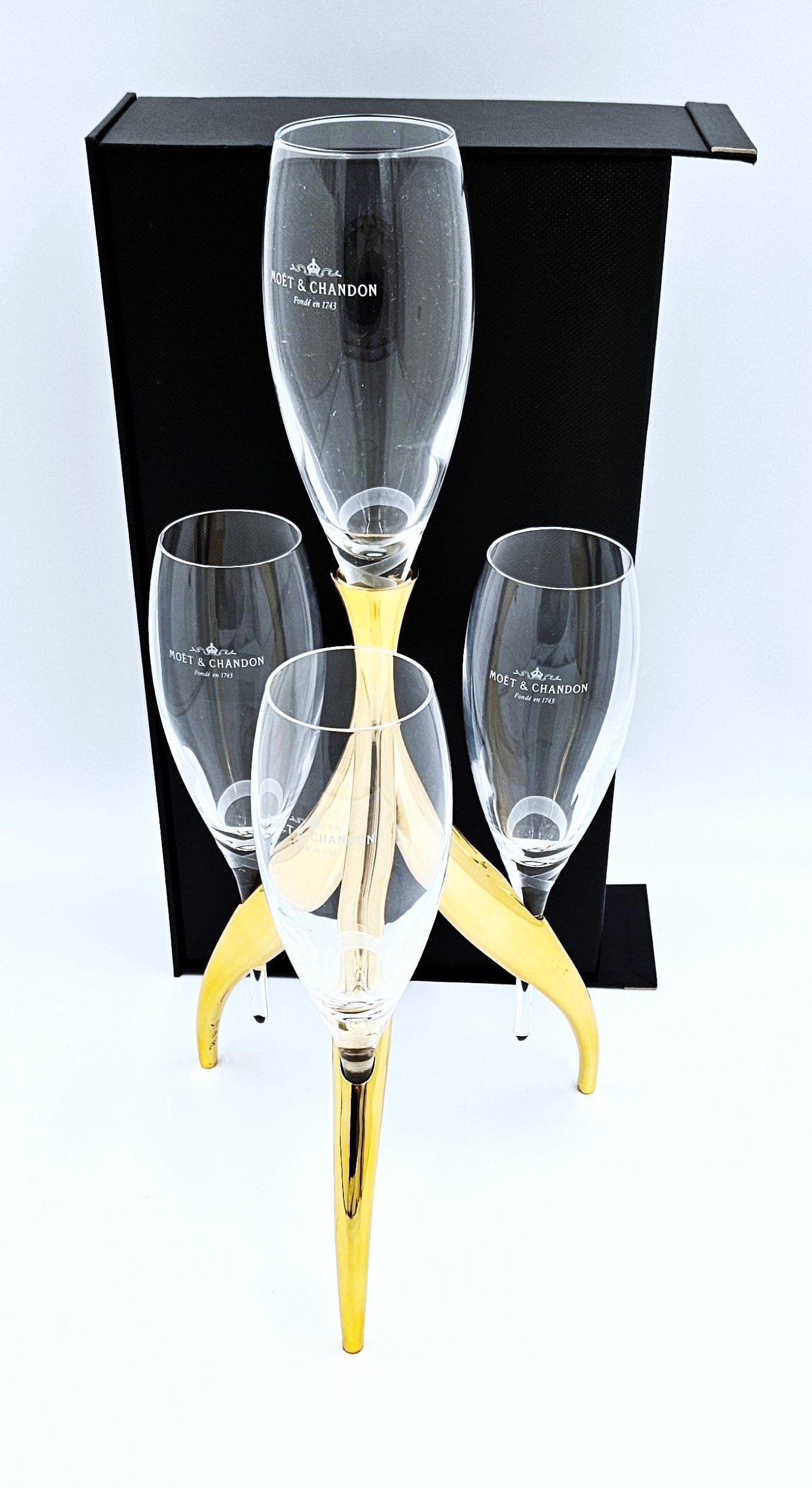 Moet Chandon Barware Rare Moët Chandon Philippe Di Meo Crystal Flutes Candelabra Stand Set 1990s