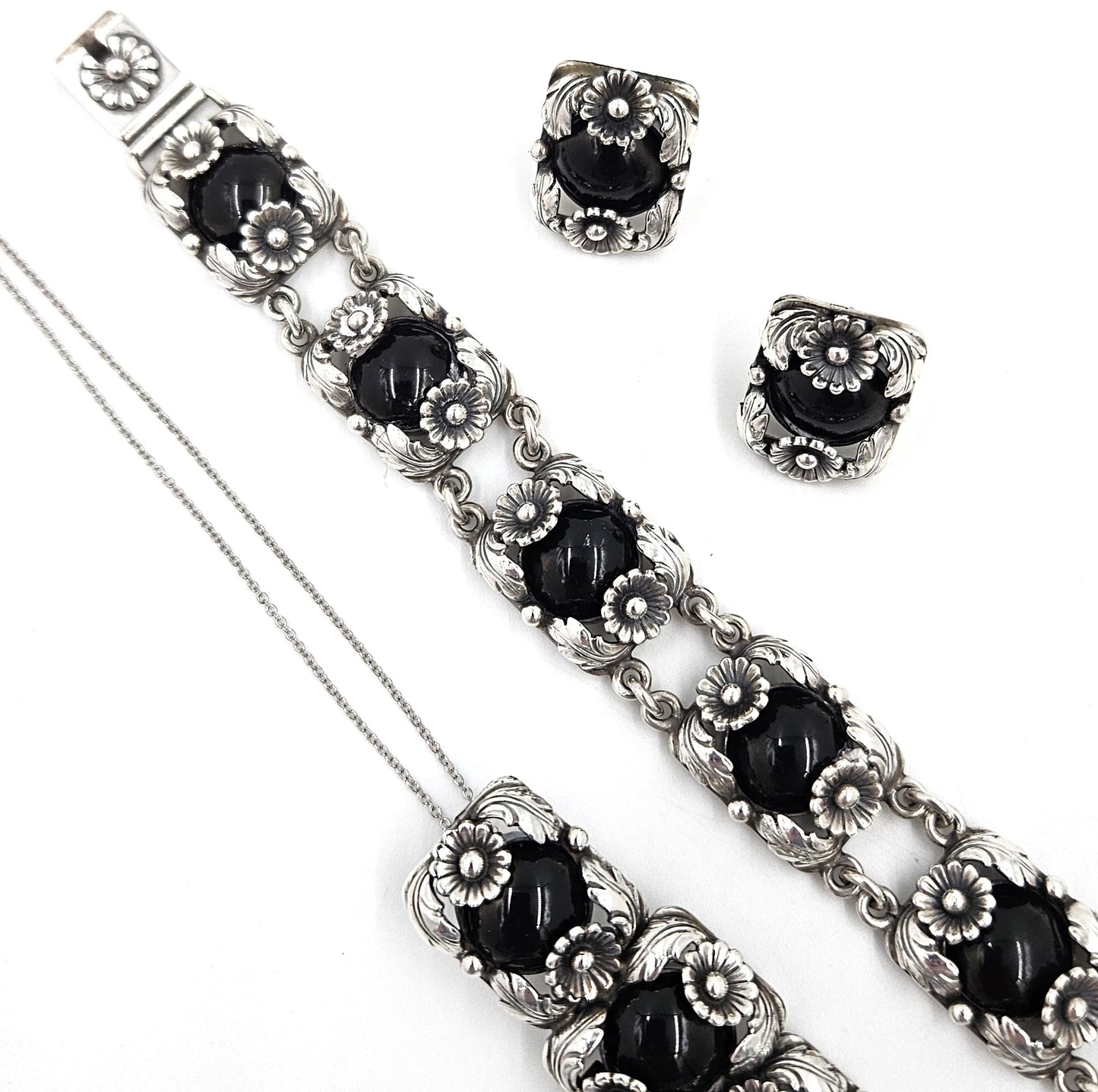 Niels Erik From Jewelry Danish NE From Sterling & Black Onyx Flora Fauna Demi Parure Set 1940s