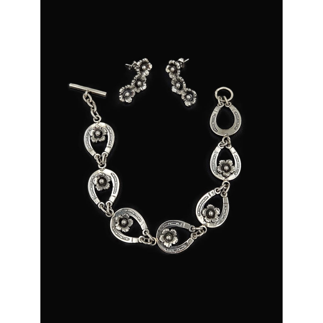 Niels Erik From Jewelry Danish NE From Sterling Horseshoes Flowers Links Demi Parure Set C. 1940&