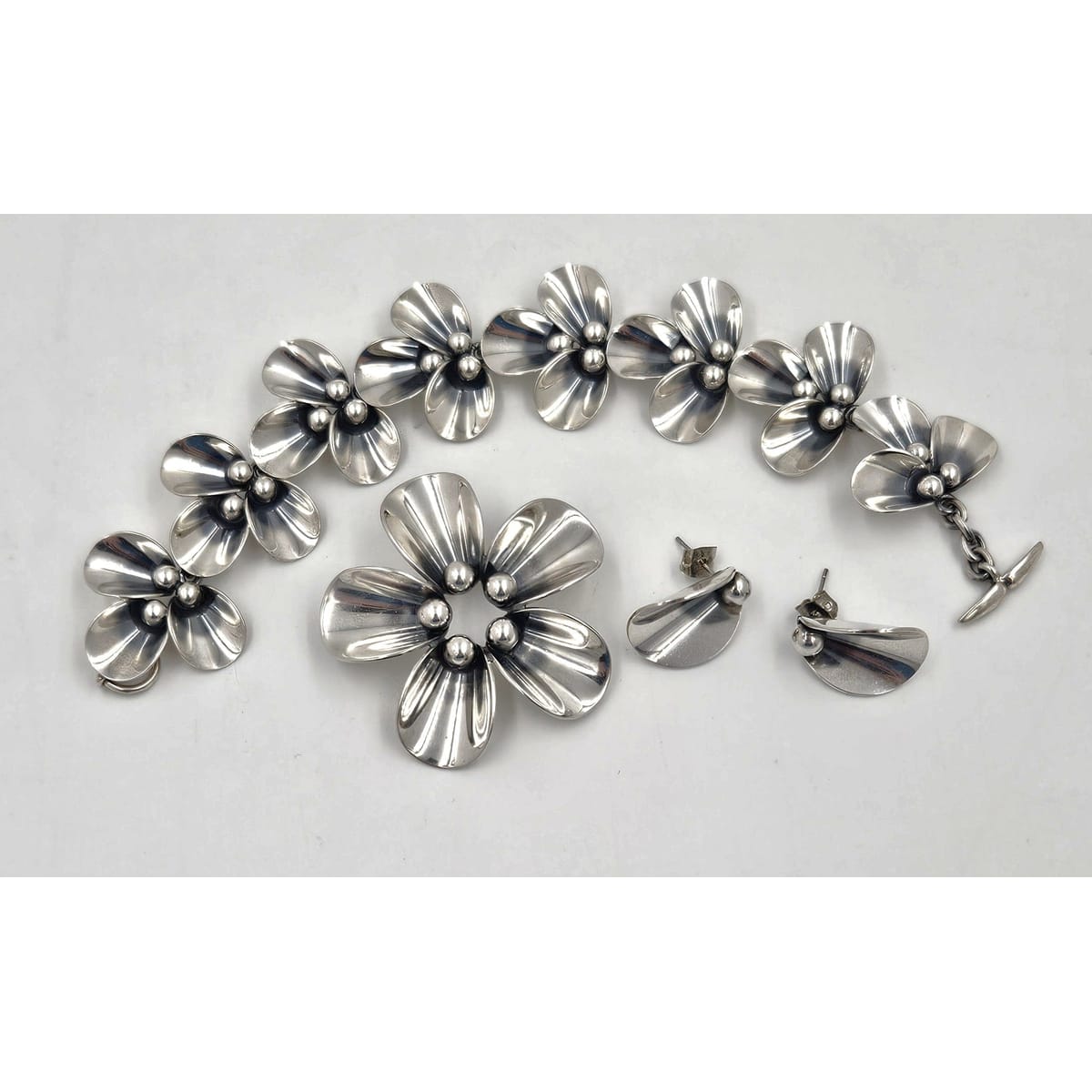 Niels Erik From Jewelry Danish NE From Sterling Modernist Flowers Demi Parure Set C. 1950s