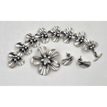 Niels Erik From Jewelry Danish NE From Sterling Modernist Flowers Demi Parure Set C. 1950s