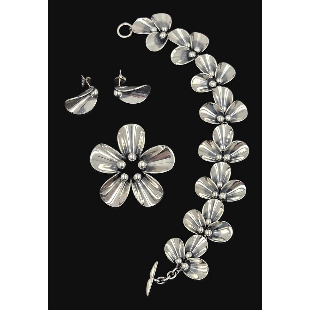 Niels Erik From Jewelry Danish NE From Sterling Modernist Flowers Demi Parure Set C. 1950s