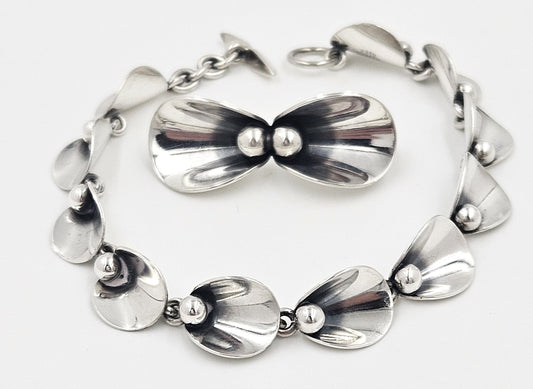 Niels Erik From Jewelry Denmark Niels Erik From Sterling Modernist Floral Link Bracelet Brooch Set 1950s