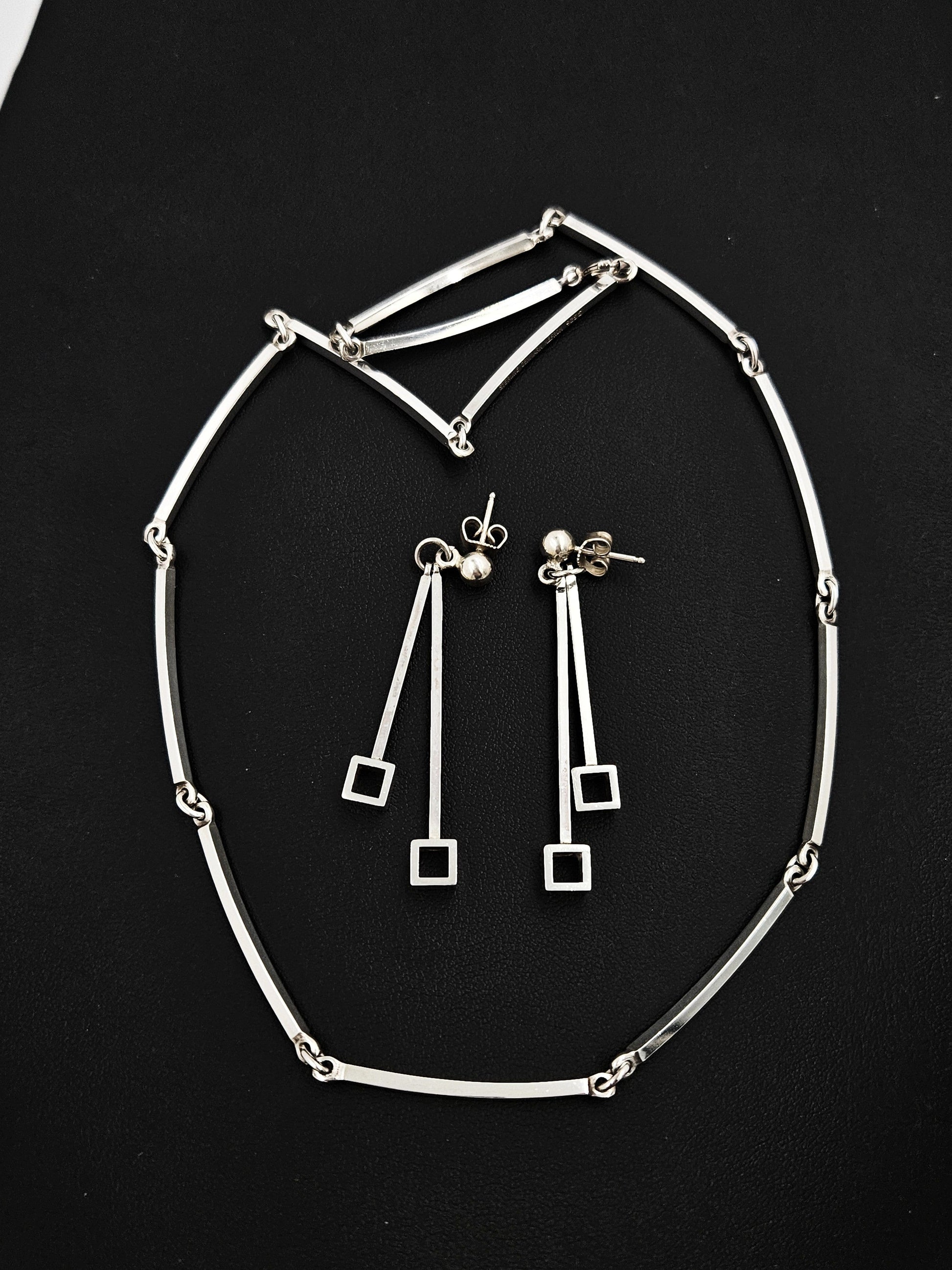 Niels Erik From Jewelry NE From Denmark Sterling Modernist Bar Link Earrings & Necklace Set 1960s
