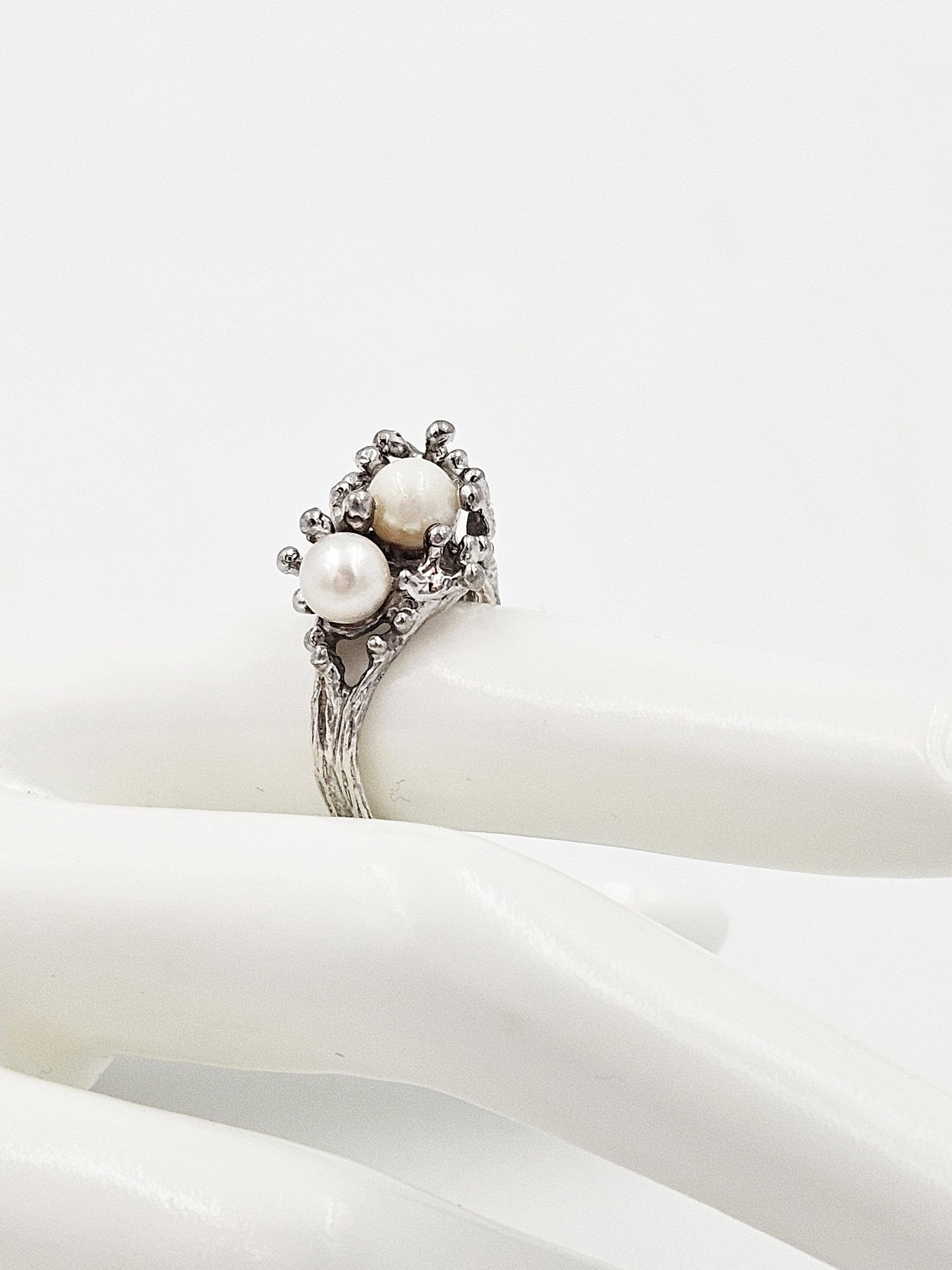 PC Jewelry Vintage Designer PC Sterling Silver & Pearl Brutalist Cocktail Ring