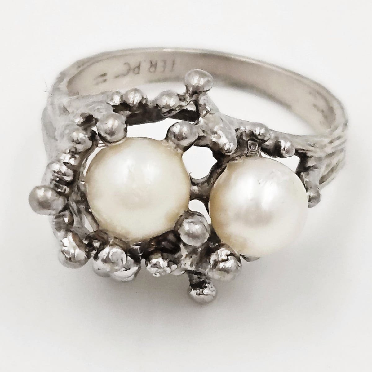 PC Jewelry Vintage Designer PC Sterling Silver &amp; Pearl Brutalist Cocktail Ring