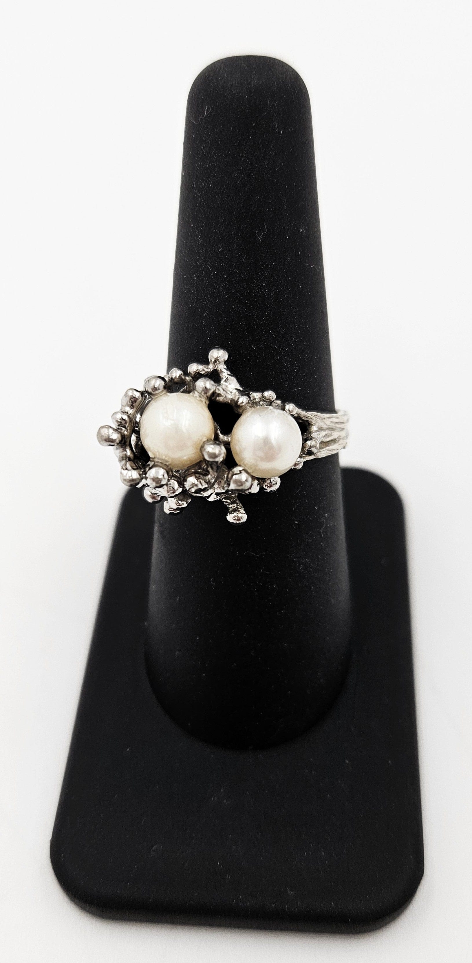 PC Jewelry Vintage Designer PC Sterling Silver & Pearl Brutalist Cocktail Ring