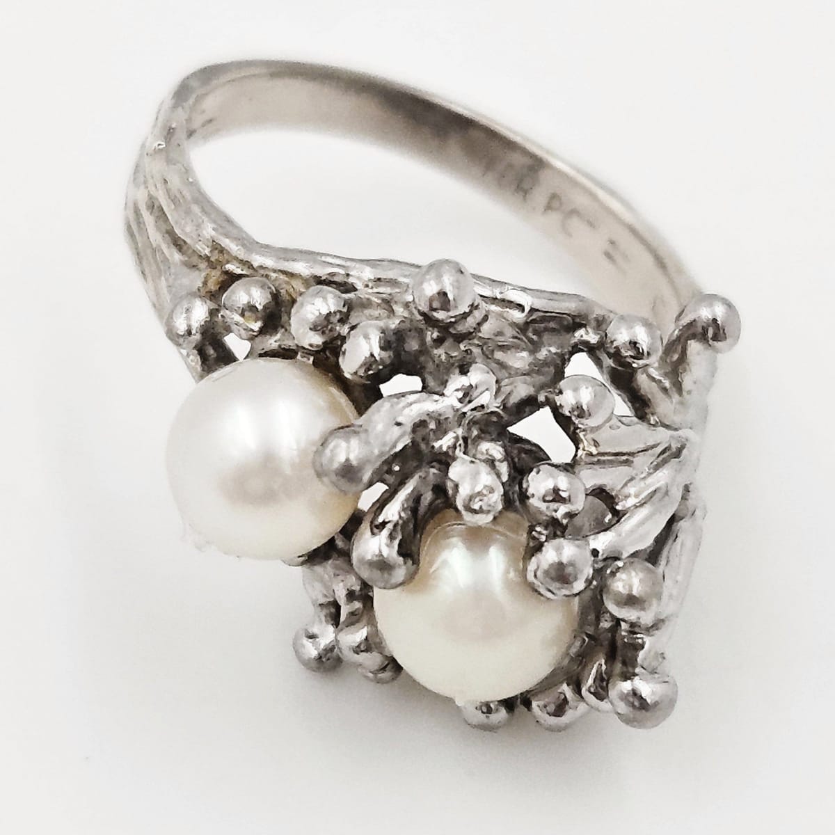 PC Jewelry Vintage Designer PC Sterling Silver &amp; Pearl Brutalist Cocktail Ring