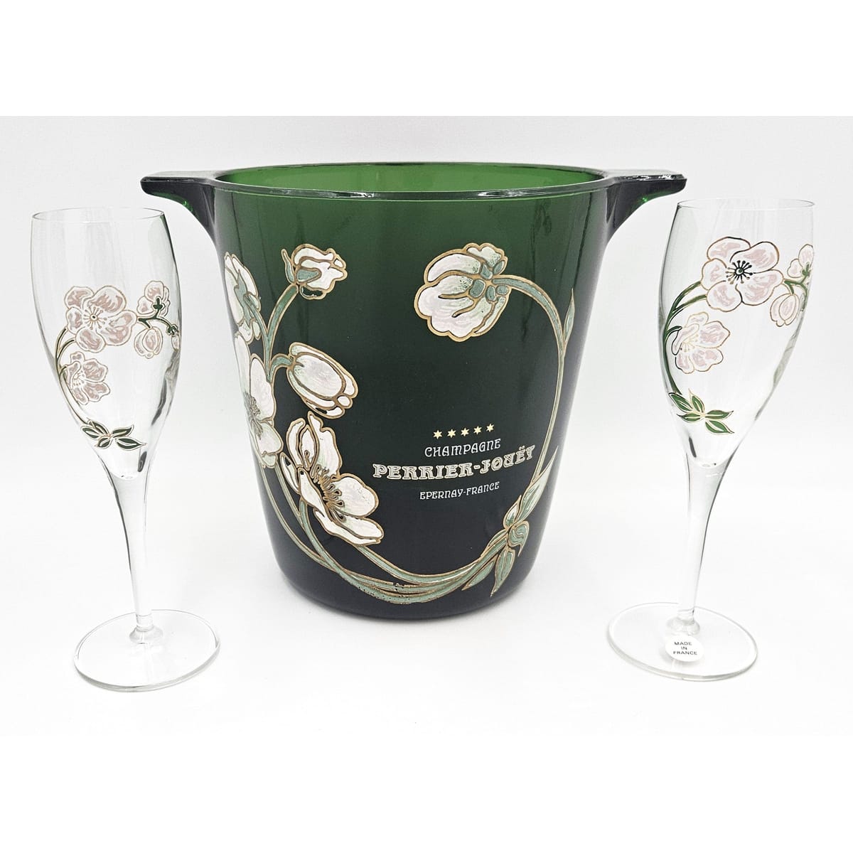 Perrier Jouet France Barware Perrier Jouet France Blown Glass Hand-Painted Champagne Chiller Flute Set 60s