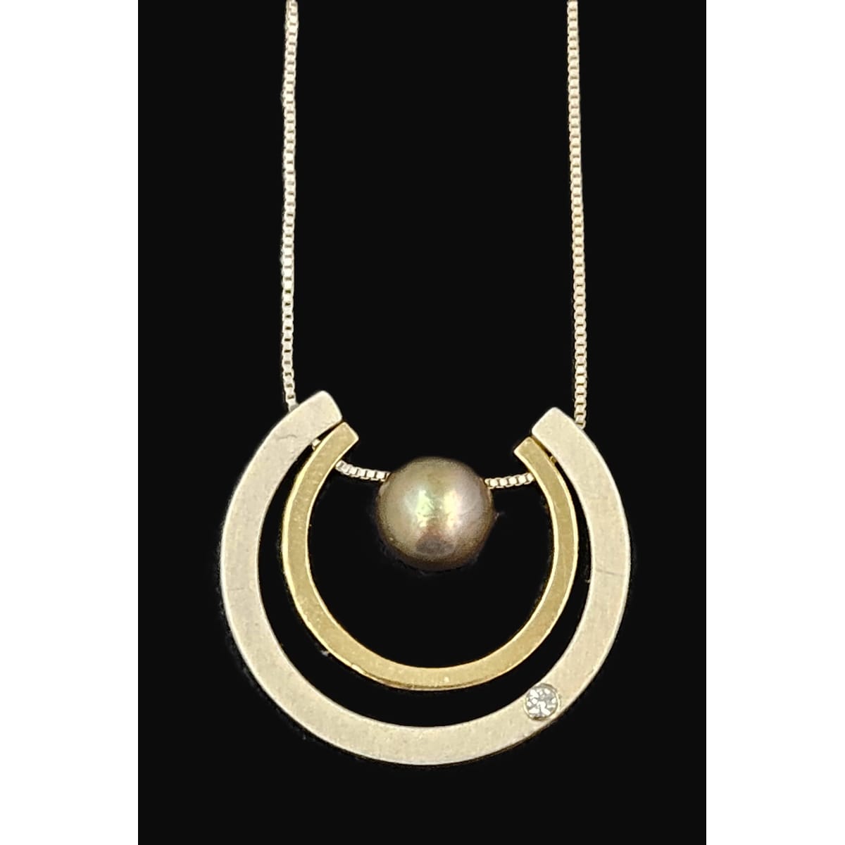 PM Jewelry Designer Signed 925 10K Silver Diamond &amp; Pearl Pendant Necklace