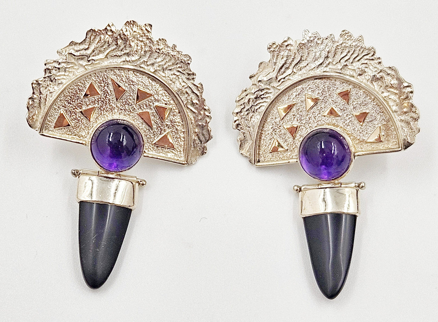 RS Artisan Earrings Jewelry Artisan Signed Sterling - 14K Gold - Amethyst - Onyx Modernist Dangle Earrings