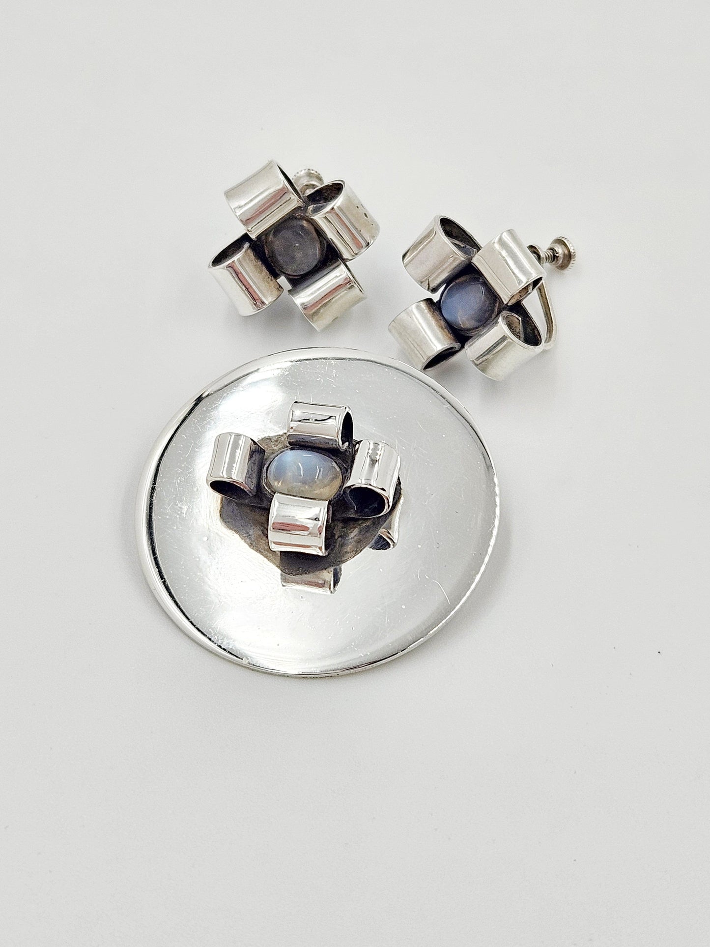 Sam Kramer Jewelry RARE Sterling Abstract Modernist Brooch & Earrings Set Signed Sam Kramer 1960s