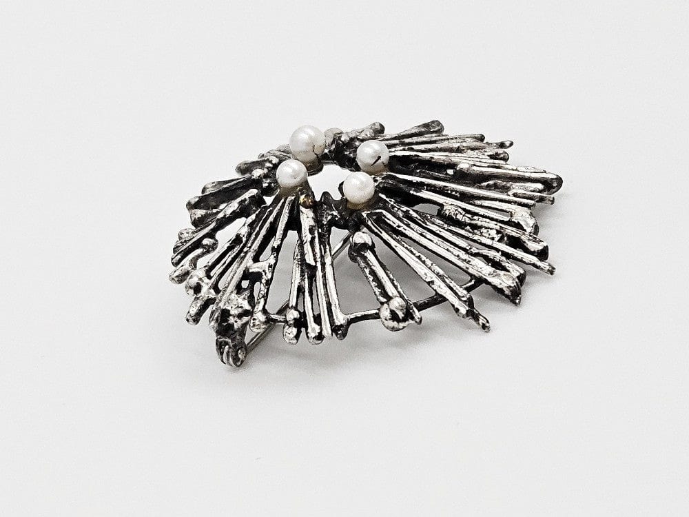 Scandinavian Silver Jewelry MCM Abstract Modernist Brutalist Sterling Silver & Pearls Scandinavian Brooch