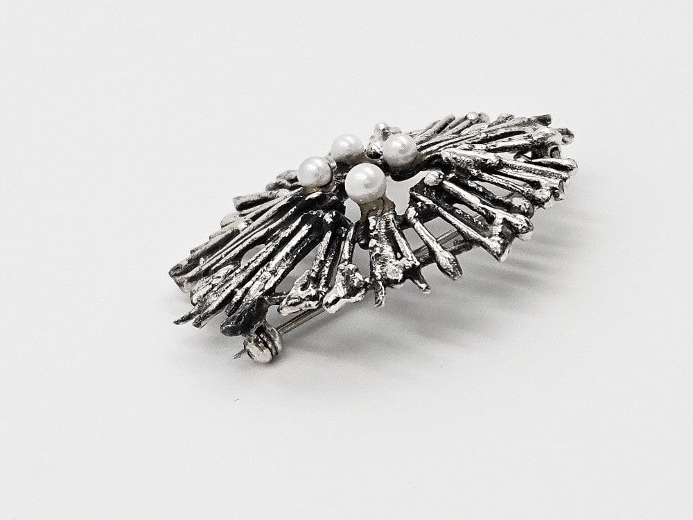 Scandinavian Silver Jewelry MCM Abstract Modernist Brutalist Sterling Silver & Pearls Scandinavian Brooch