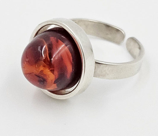 Scandinavian Sterling Amber Ring Jewelry Vintage Scandinavian Modernist Sterling Silver & Amber Domed Cocktail Ring