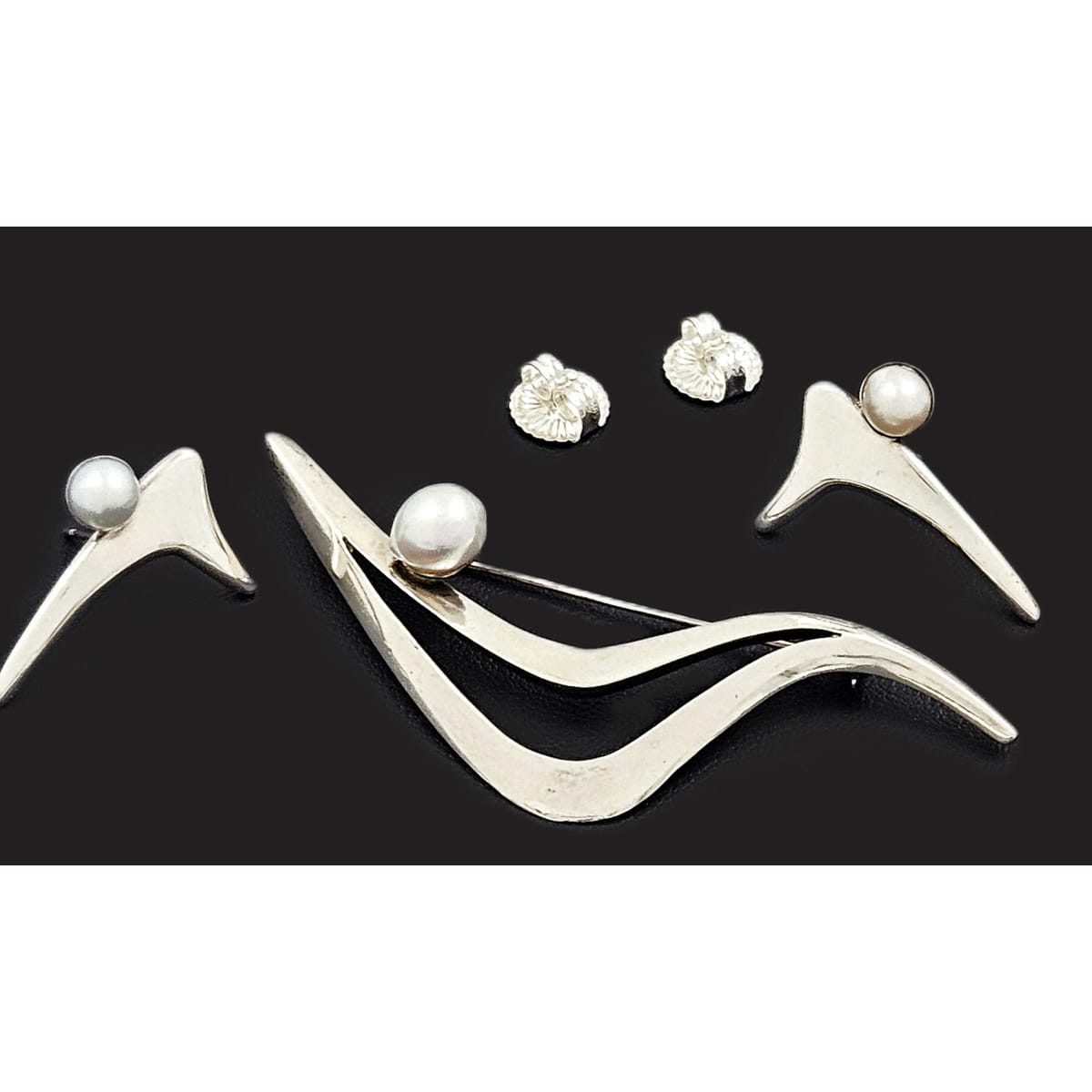 Sigi Tasco Jewelry Superb Sigi Tasco Sterling &amp; Pearl Modernist Demi Parure Set 1940s