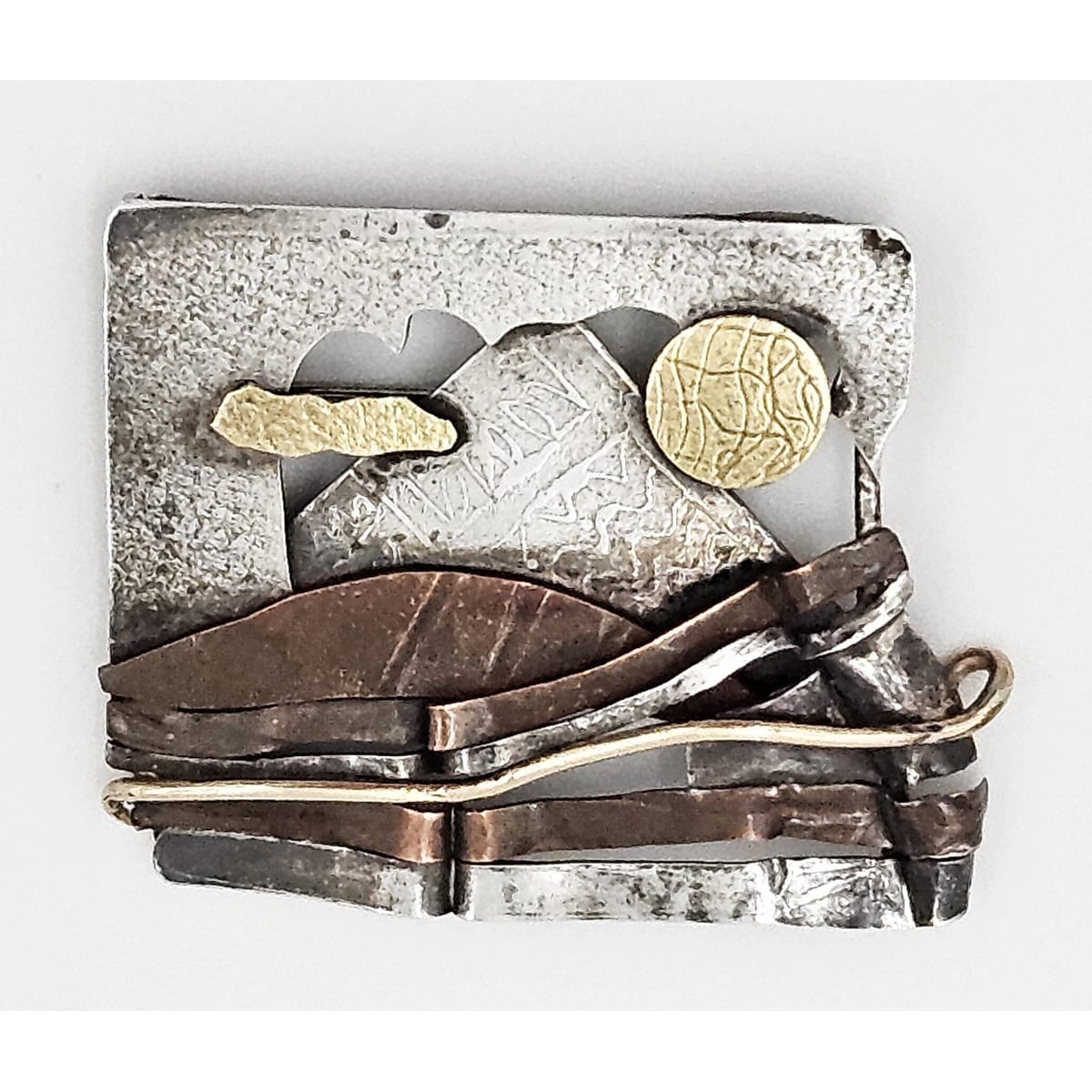 SRH Sterling Jewelry Vintage Artisan Signed SRH Sterling &amp; Mixed Metals Abstract Mod Brooch