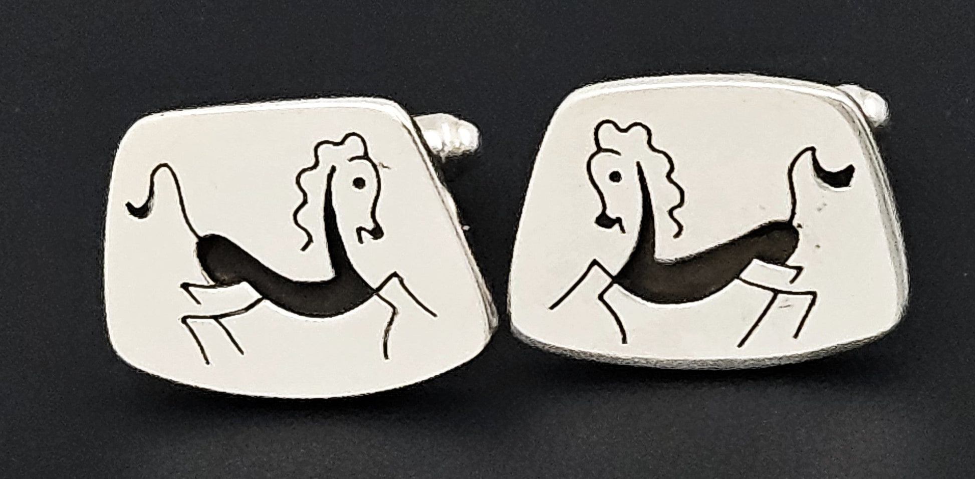 Sterling & Enamel Cufflinks Jewelry Vintage Artisan Sterling & Enamel Primitive Cave Petroglyph Horse Cufflinks