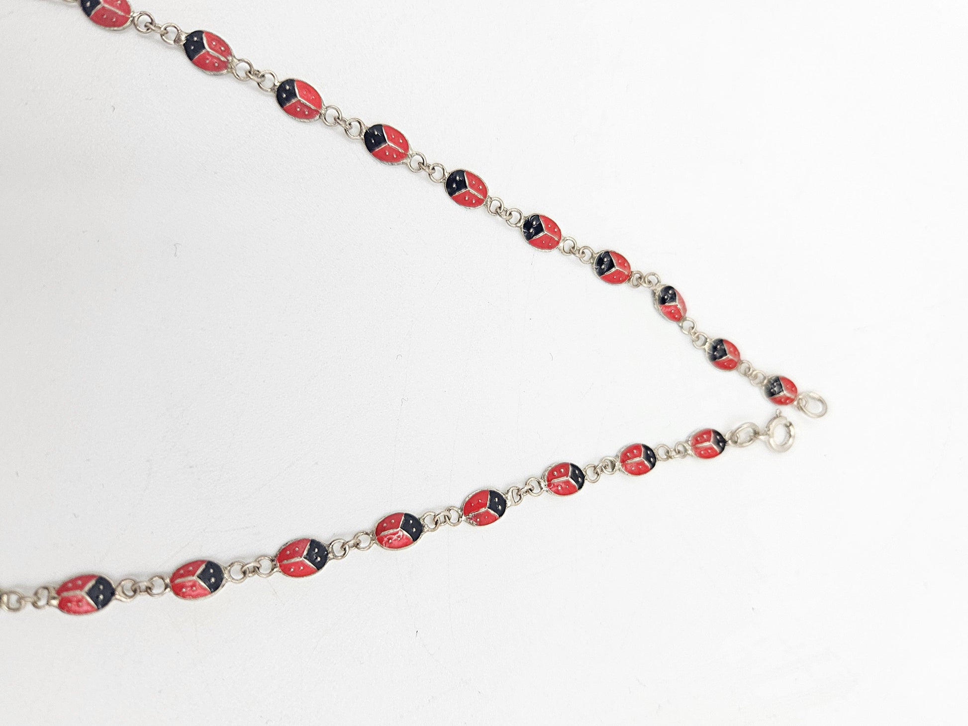 Sterling Ladybugs Necklace Jewelry Artisan Signed Sterling Silver & Guilloche Enamel Ladybugs Necklace