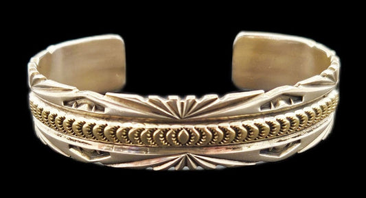 Sunshine Reeves Jewelry Rare Navajo Designer Sunshine Reeves Sterling & 14k Gold Cuff Bracelet 1990s