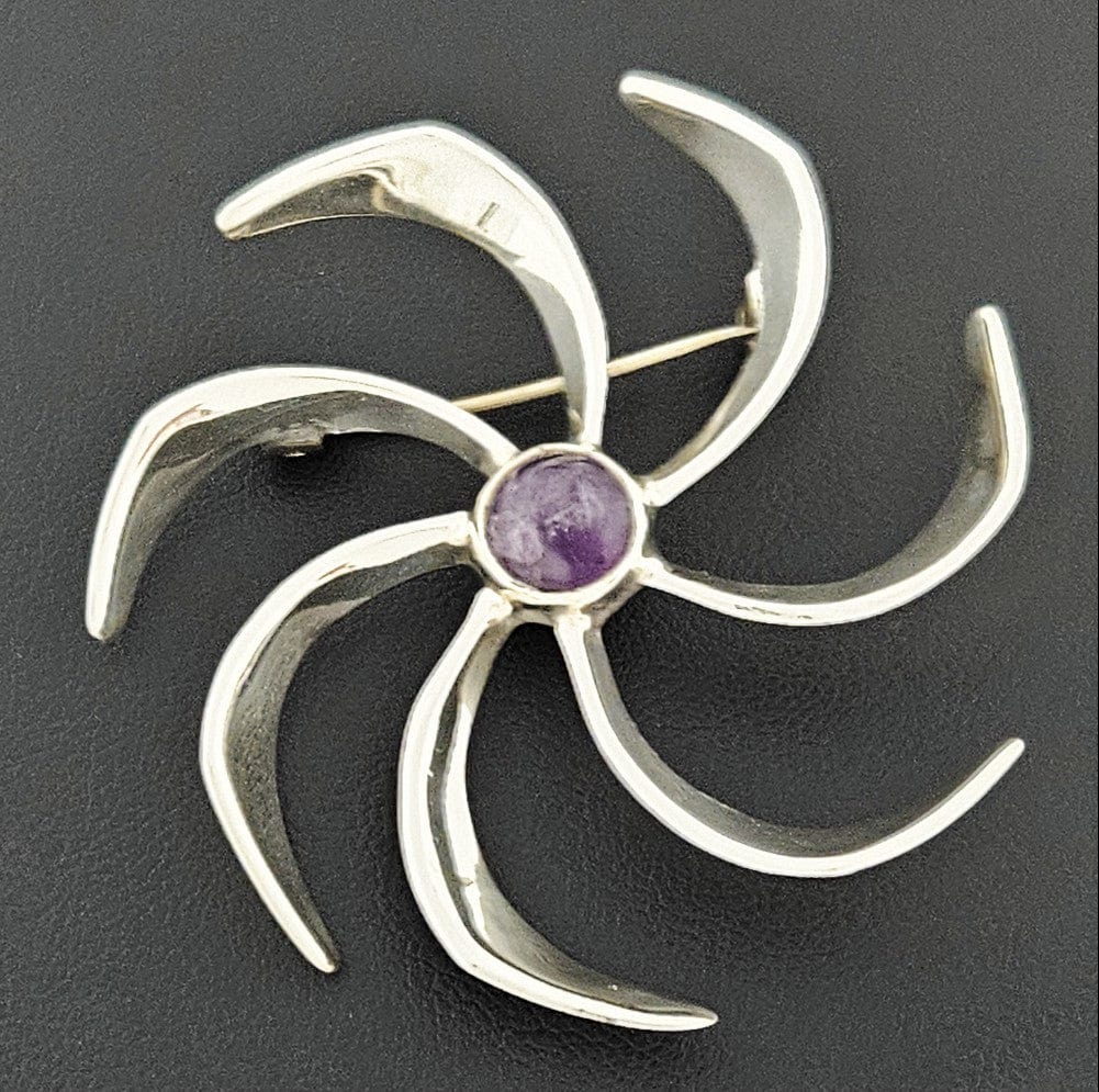 Taxco Sterling Jewelry Taxco Artist JH Sterling Silver & Amethyst Modernist Pin Wheel Brooch C. 1960s