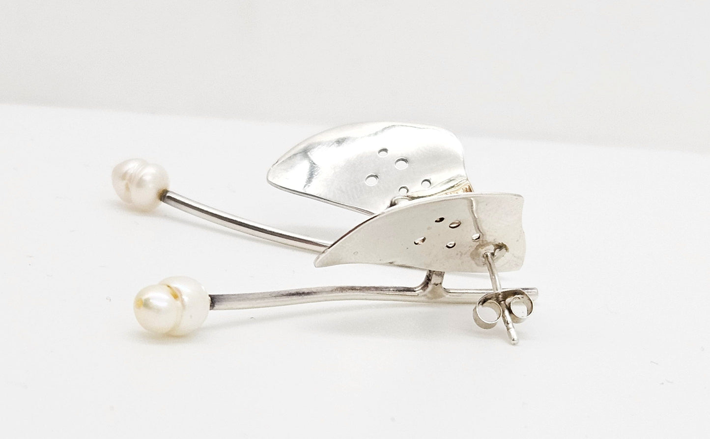 TMCMH Jewelry Artisan Made Sterling Silver 14K Gold Blister Pearl Modernist Long Drop Earrings