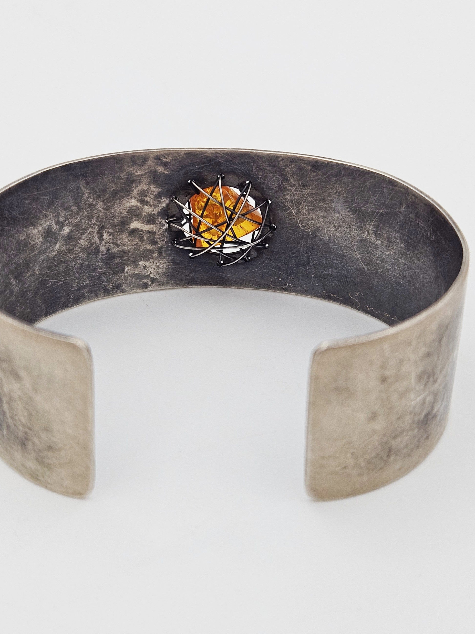 TMCMH Jewelry Sterling & Amber Artisan Signed Modernist Cuff Bracelet