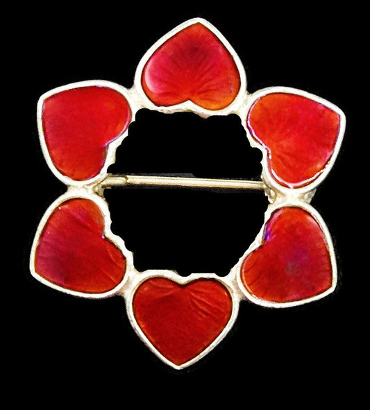 Volmer Bahner Jewelry Denmark Volmer Bahner Sterling Silver Enamel Hearts Circle Brooch 1950s