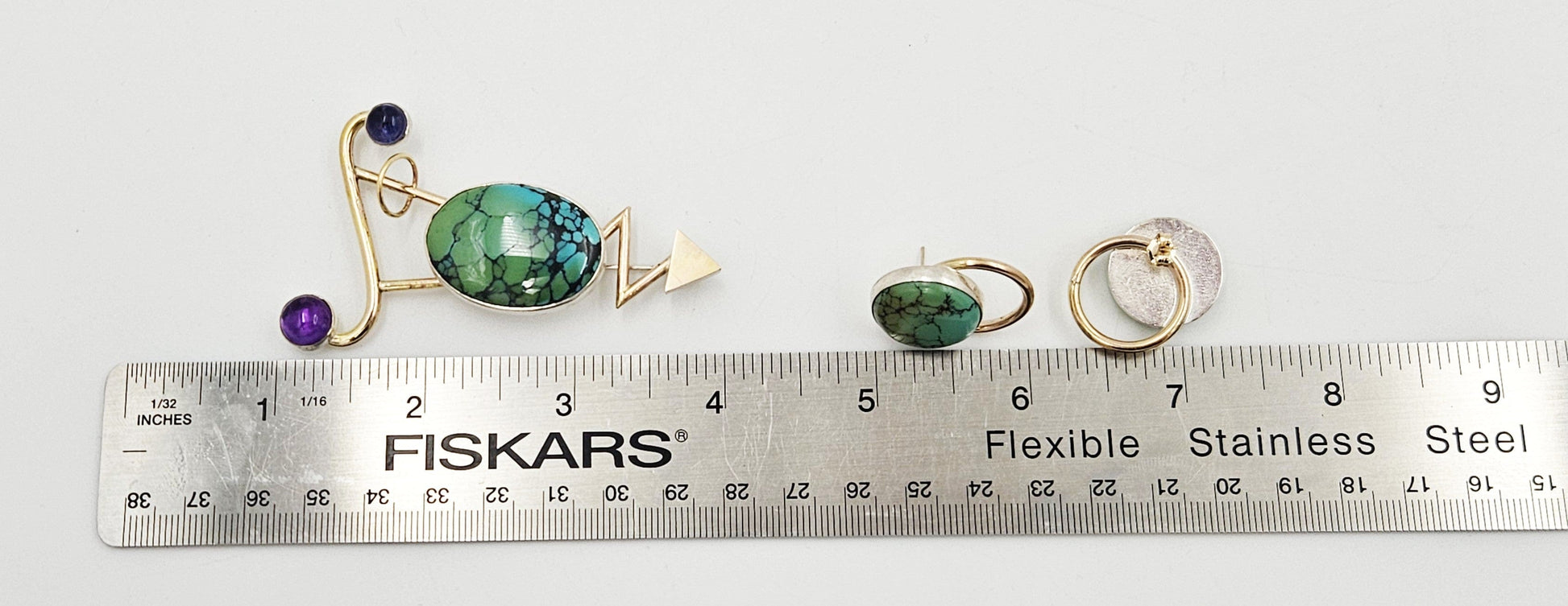 Yumi Ueno Jewelry Designer Yumi Ueno Modernist Sterling 14k Gold Stone Brooch & Earrings Set